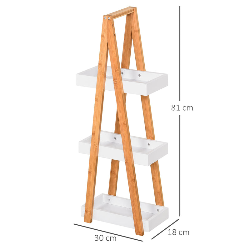 Estante de Bambú para Casa de Banho com 3 Prateleiras de Armazenamento Móvel Organizador para Cozinha Sala de Estar Lavanderia 30x18x81cm Madeira e Branco