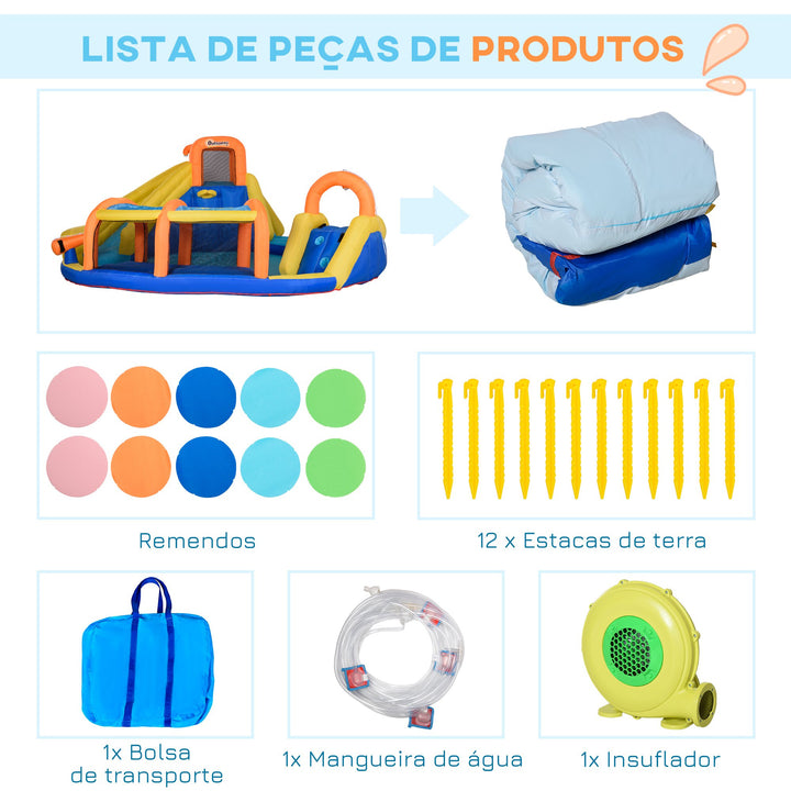 Castelo Insuflável com Escorrega Castelo para Crianças de 3-8 Anos com Cesta de Basquetebol Piscina Insuflador de 750W e Bolsa de Transporte 435x435x200cm Multicolorido
