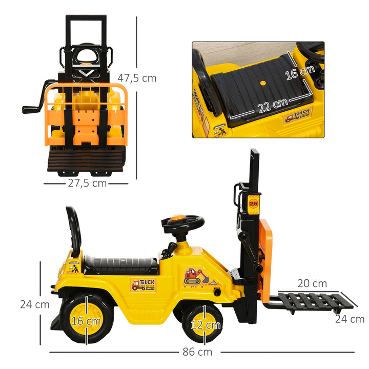 Carro Andador para Crianças acima de 3 Anos Empilhadeira Elevatória de Brinquedo com Forquilha Móvel Buzina e Assento com Armazenamento Oculto Carga Máxima 30kg 86x27,5x47,5cm Amarelo