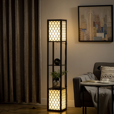 Candeeiro de Pé de Madeira Candeeiro de Pé com Estantes Lâmpada E27 Máx. 40W com Interruptor para Sala de Estar Dormitório Escritório 26x26x156cm Preto e Branco