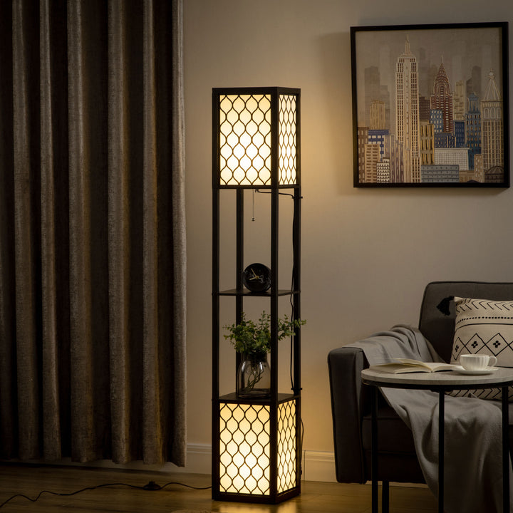 Candeeiro de Pé de Madeira Candeeiro de Pé com Estantes Lâmpada E27 Máx. 40W com Interruptor para Sala de Estar Dormitório Escritório 26x26x156cm Preto e Branco