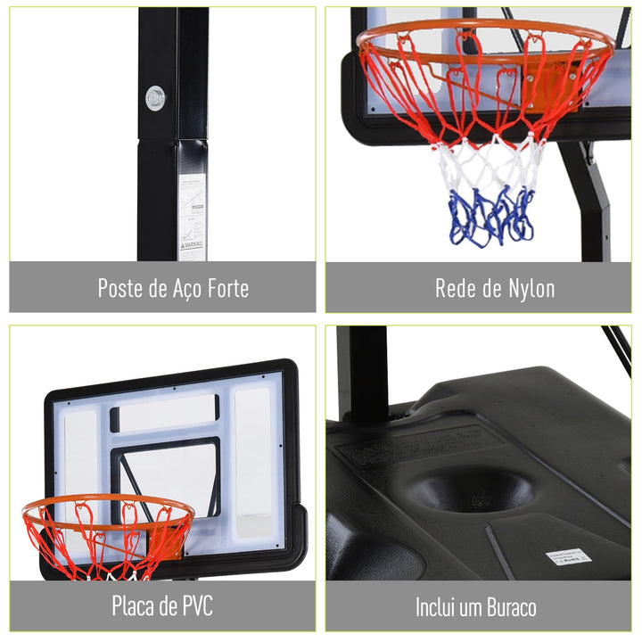 Tabela de basquetebol com suporte portátil Aro de cesta ajustável em altura base recarregável para crianças e adultos 86x153x250-350 cm Preto