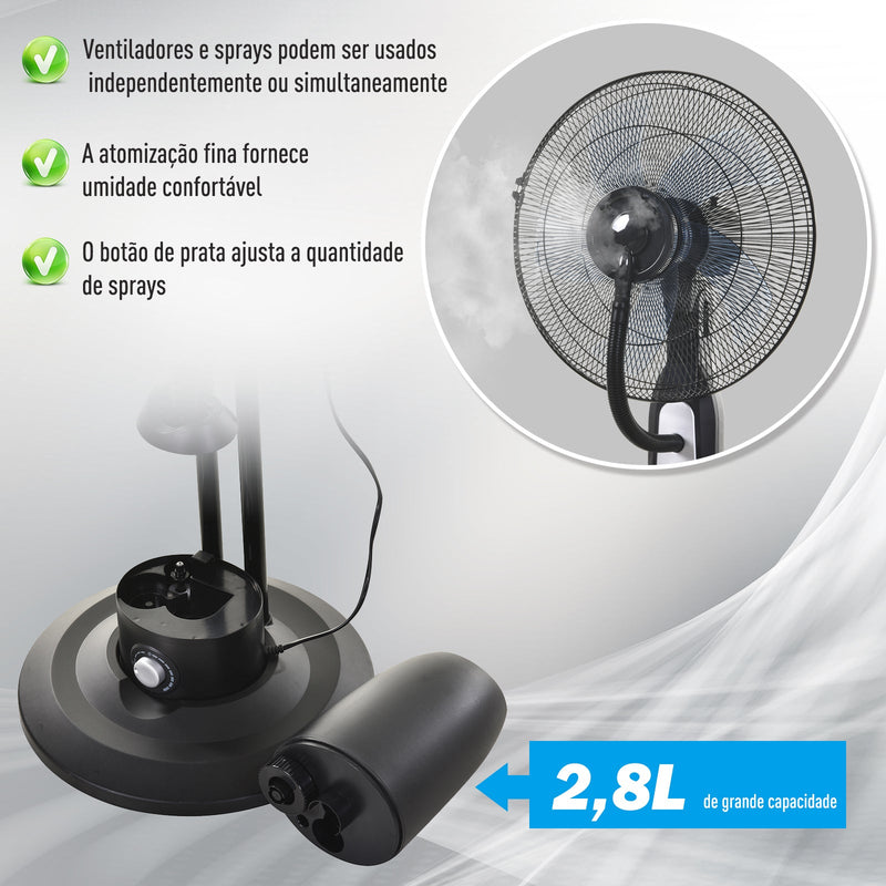 Ventilador de pé com nebulizador de água oscilante e silencioso com 3 velocidades potência 90W Tanque 2,8 L Ø44,5x120 cm Preto