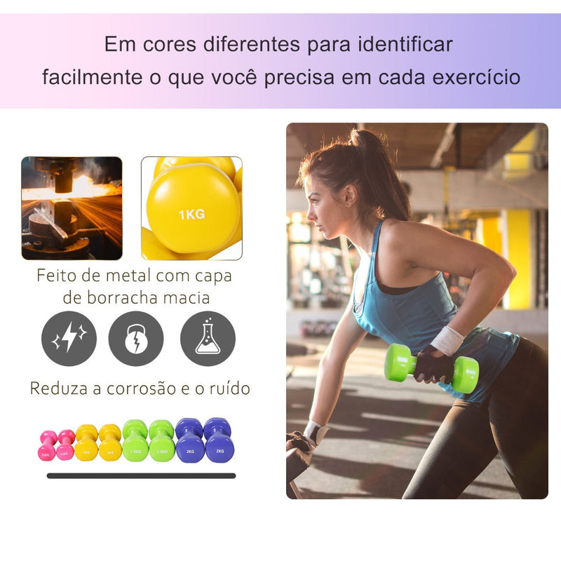 Conjunto de 8 halteres 4 pares de 0,5 kg 1 kg 1,5 kg 2 kg com caixa exterior para ginásio e treino