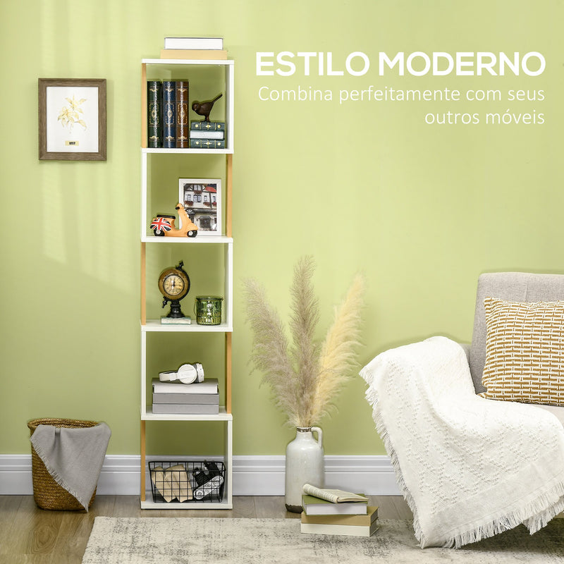 Estante de Livros em Forma de S Estante com 5 Prateleiras Abertas para Sala de Estar Escritório Estúdio Anti-Tombo Carga Máxima 100kg 33x28x161cm Branco