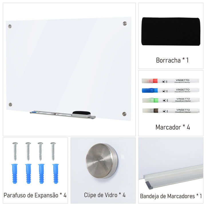 Placa de vidro magnético com bandeja Inclui 4 marcadores e borracha 90x60x0,45 cm Branco