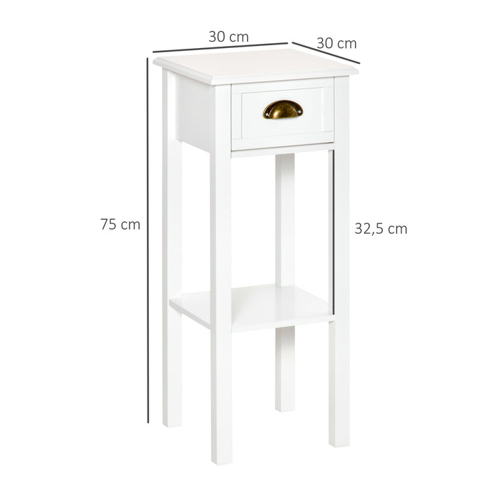 Mesa Auxiliar Mesa de Cabeceira com Gaveta e Prateleira de Armazenamento Estilo Moderno para Sala de Estar Dormitório 30x30x75cm Branco