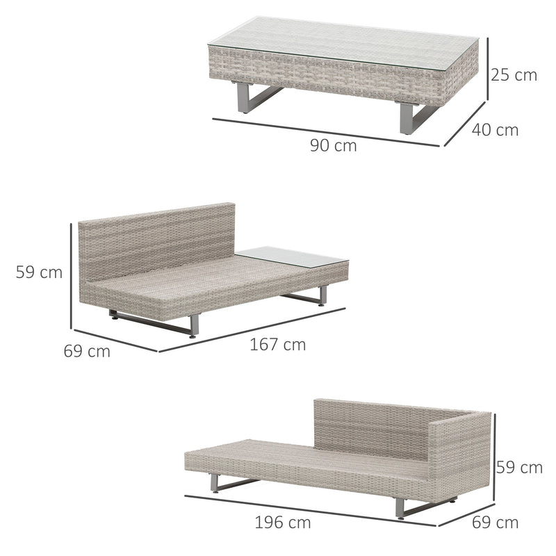 Conjunto de móveis de vime de 3 peças, mesa de centro, sofá duplo e sofá de 3 lugares com almofadas removíveis para terraço jardim e pátio Aço Cinza