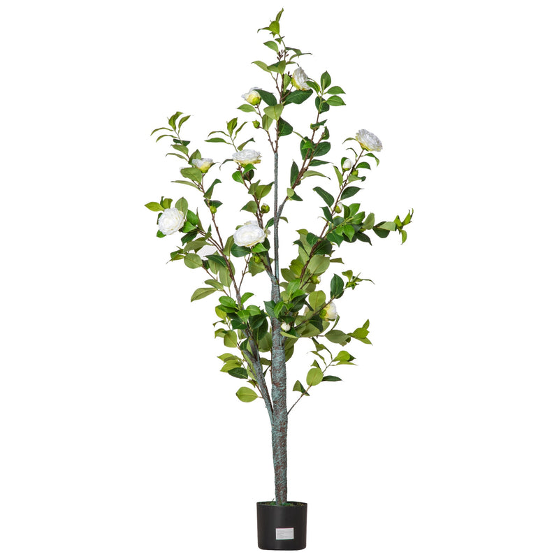 Camélia Artificial Planta Sintética de 150cm com Vaso de Cimento 285 Folhas Realistas e 25 Flores de Tecido Decoração para Casa Escritório e Exterior Verde