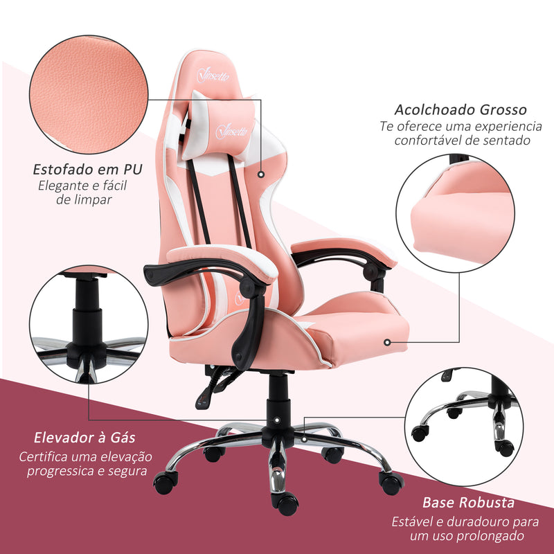 Vinsetto Cadeira Gaming Ergonômica Cadeira para Videojogos Reclinável com Altura Ajustável Apoio para a Cabeça e Almofada Lombar 63x67x122-130cm Rosa e Branco