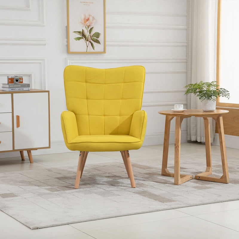 Poltrona de Sala de Estar Moderna Poltrona com Encosto Alto Apoio para os Braços Tecido de Linho e Pés de Madeira de Haya para Sala de Jantar Cozinha 71x68x101cm Amarelo