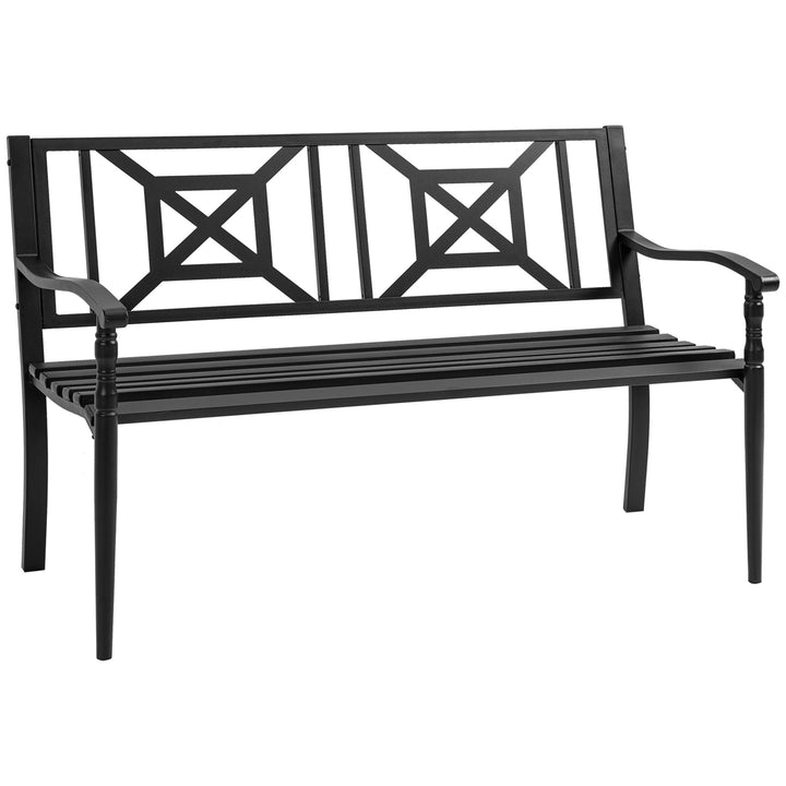 Banco de Jardim de 2 Lugares Banco de Exterior de Aço com Apoio para os Braços e Encosto Decorativo para Terraço Varanda Pátio Carga 280kg 128x62,5x81,5cm Preto