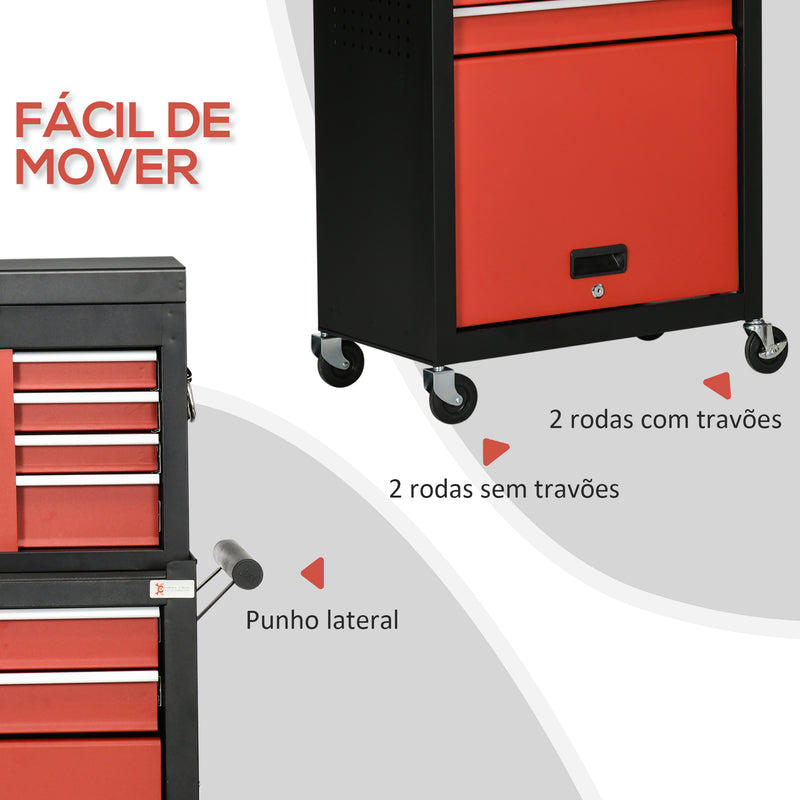 Carro de Ferramentas com Rodas 6 Gavetas Armário de Armazenamento com Fechadura e Alça Lateral Carga Máxima 150kg 70x33x108cm Preto e Vermelho