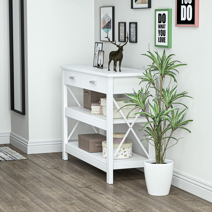 Mesa consola tipo aparador de estilo moderno com 2 gavetas e prateleiras inferiores 105x40x76 cm Branco