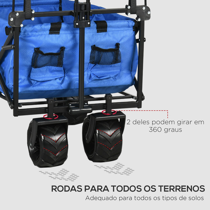 Carrinho de Transporte Dobrável para Praia Campismo Viajem com Toldo Guiador Rodas Altura Ajustável Carga Máxima 68kg 117x55x98 cm Azul