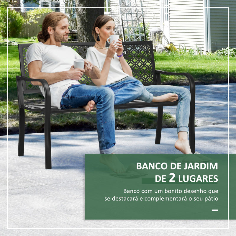 Banco de Jardim de Aço Banco de Exterior de 2 Lugares com Encosto Decorativo para Terraço Varanda Pátio Carga Máxima 240kg 127x63x83cm Preto