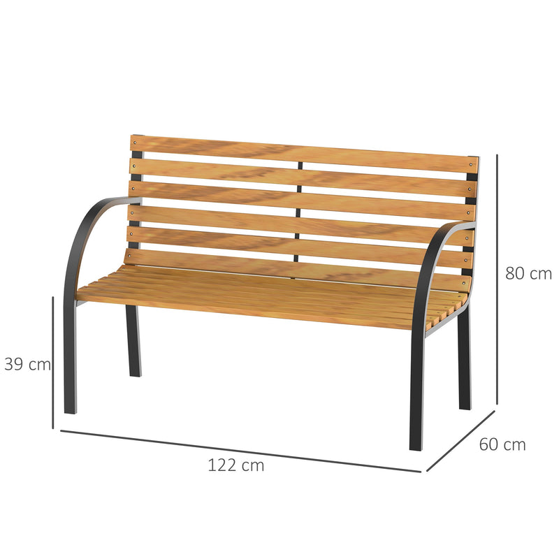 Banco de jardim 2 lugares com encosto e apoios de braços Ripas de madeira e estrutura de aço Carga 230 kg 122x60x80 cm Cor natural e preto