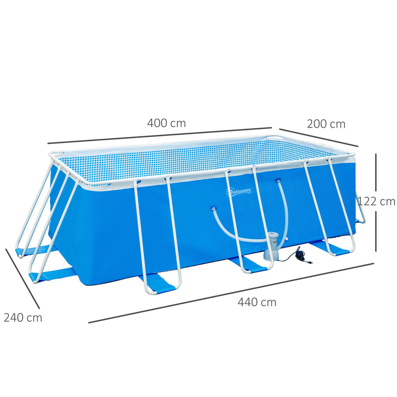 Piscina Desmontável Tubular 440x240x122cm Piscina Retangular de Exterior com Purificador 4.000L/H Mangueiras de Comprimento 100cm e Estrutura de Aço Azul