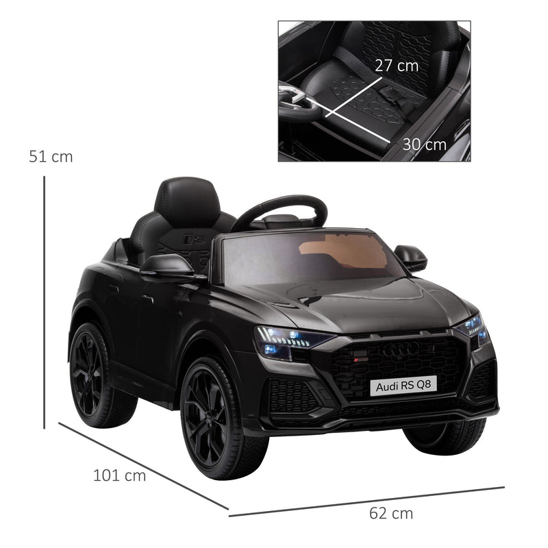 Carro Elétrico Infantil acima de 3 anos Licença Audi RS Q8 com Bateria 6V Controle a Distância Música MP3 Buzina e Luzes Velocidade Máx. 3km/h 101x62x51cm Preto