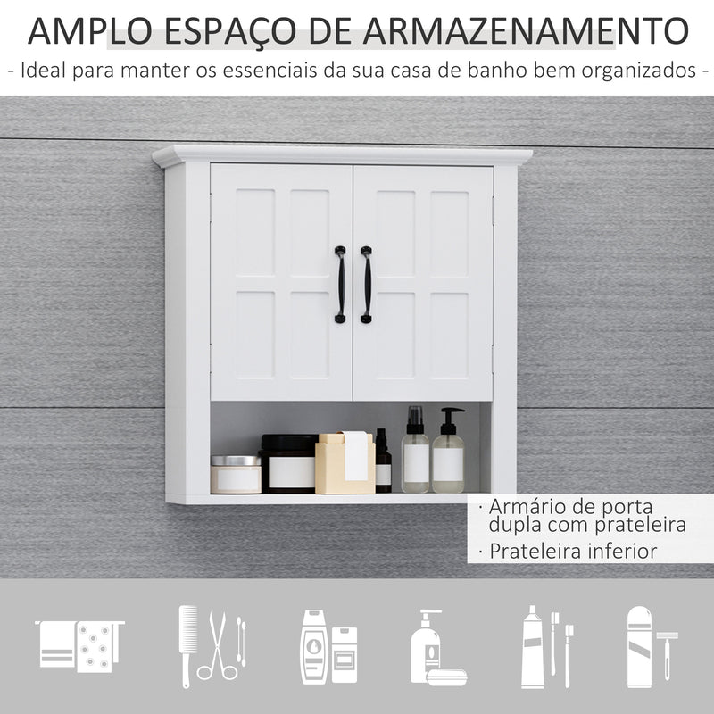 Armário de Parede para Casa de Banho Móvel Suspenso para Casa de Banho com 2 Portas e Prateleira Ajustável e Armazenamento Aberto 60x19,8x58 cm Branco