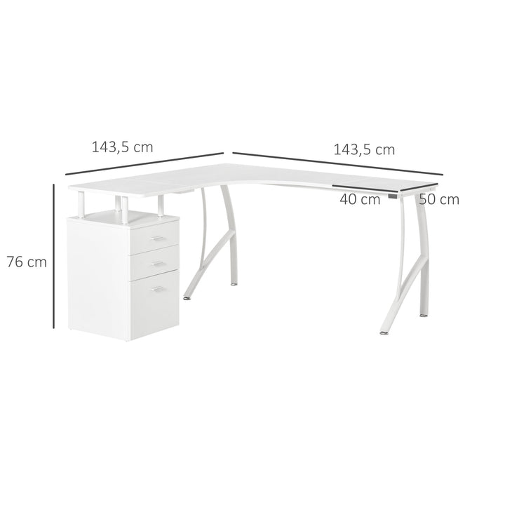 Mesa de canto para computador Mesa em formato de L com 3 gavetas Mesa moderna para escritório 143,5x143,5x76 cm Branco