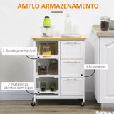 Carrinho de Cozinha com Rodas Carrinho de Serviço com 3 Gavetas 3 Prateleiras Abertas e Bandeja Removível para Sala de Jantar Carga Máxima 40kg 67x37x84cm Branco