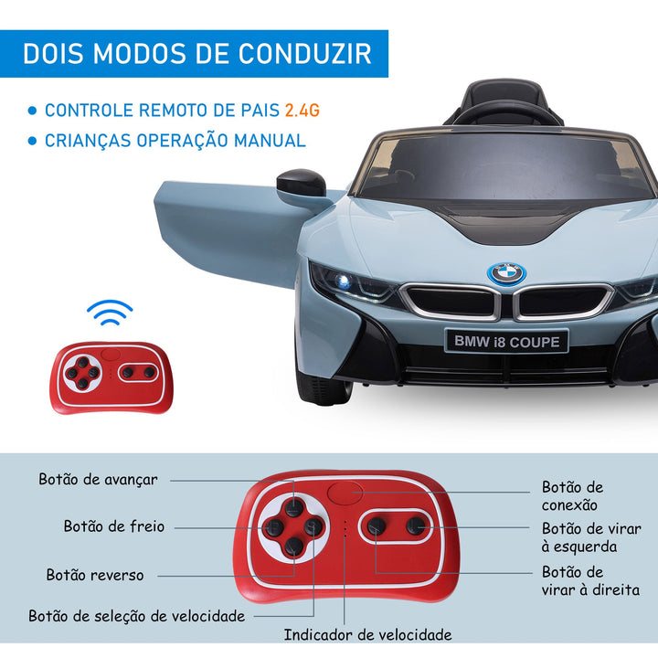 Carro elétrico BMW I8 COUPE com licença para crianças de +3 anos Bateria 6V Controle Remoto e Manual com Buzina Música MP3 e Faróis 115x72,5x46 cm Azul