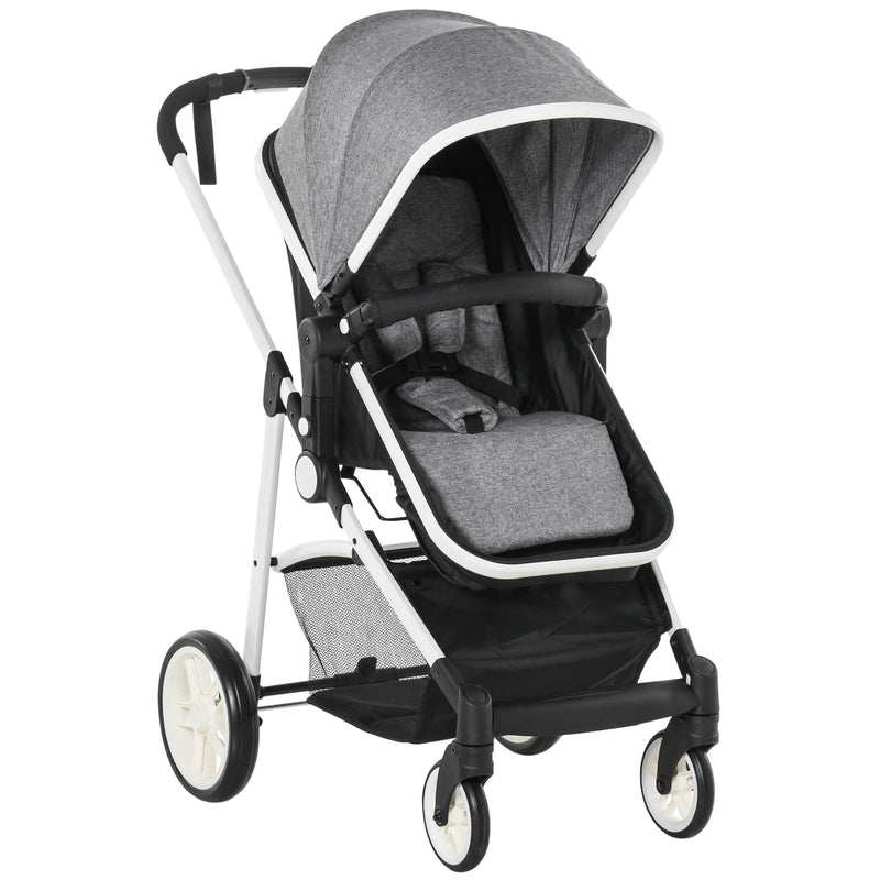 Carrinho de Bebé 2 em 1 Carrinho de Passeio e Alcofa para Crianças de 0 a 36 Meses com Capota Dobrável Encosto Inclinável Cesta Grande Alavanca de Freio Carga 15kg 80x51x102cm Cinza