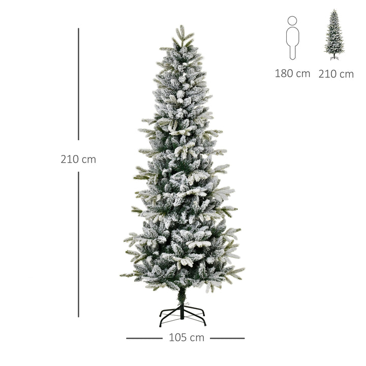 Árvore de Natal Ø105x210cm Neve Artificial com 784 Pontas de Ramos Ignífugos e Suporte de Aço Decoração de Natal para Interiores Verde e Branco