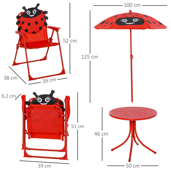 Conjunto de Mesa e Cadeira de Jardim Conjunto de Picnic Dobrável para Crianças Conjunto de Mesa com Chapéu de Sol com Altura Ajustável 100-125cm Desenho de Joaninha Vermelho