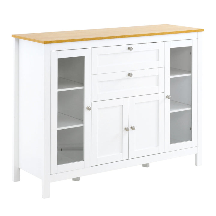 Aparador de Cozinha com Armário 2 Gavetas 2 Portas de Vidro e Prateleiras Ajustáveis Móvel Auxiliar de Armazenamento para Sala de Jantar Sala de Estar 120x40x90cm Branco