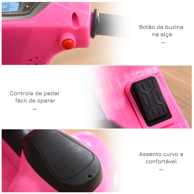 Mota elétrica para crianças acima de 18 meses com licença faróis buzina e 4 rodas 66,5x38x52 cm Rosa