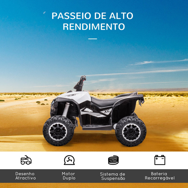 Quadriciclo Elétrico para Crianças de 3-5 Anos Veículo Eléctrico a Bateria 12V com 2 Motores Farol Música Velocidade Ajustável Avançar e Retroceder 83x53x55,5cm Branco