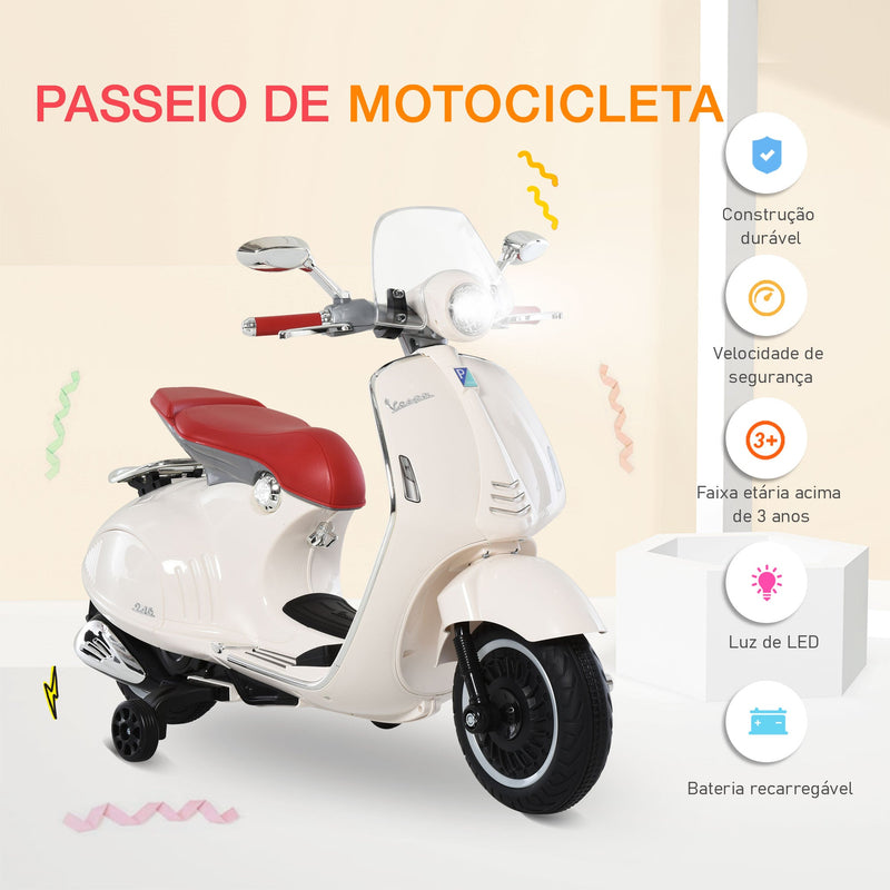 Mota elétrica infantil Vespa para crianças acima de 3 Anos com Faróis Música 2 Rodas Auxiliares 108x49x75 cm Branco