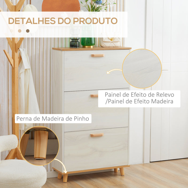 Sapateira Moderna Armário para Sapatos com 3 Gavetas Abatíveis para 12 Pares de Sapatos e Prateleira Ajustável para Corredor Entrada 70x23,5x122cm Branco e Madeira