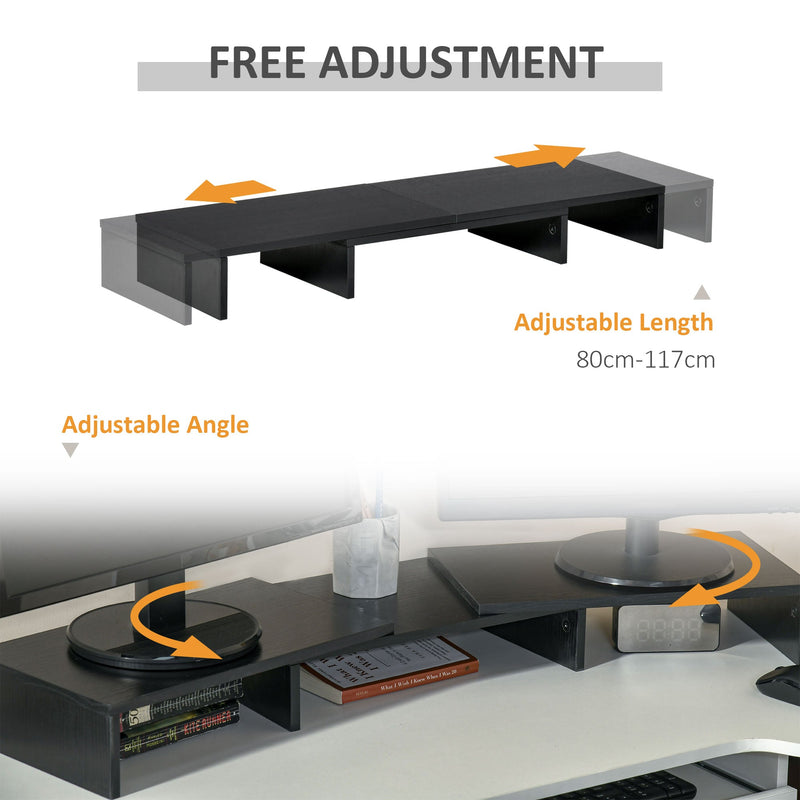 Suporte Elevado para Monitores de Madeira Ajustável em Comprimento e Ângulo para 2 Monitores Notebook 80-117x23,5x10cm Preto