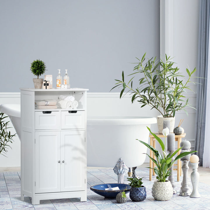 Armário de Casa de Banho com 2 Portas Prateleira Ajustável 2 Gavetas e Compartimento Aberto Móvel Auxiliar de Armazenamento para Sala de Estar Cozinha 60x30x108,8cm Branco