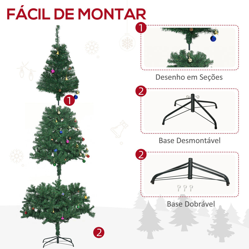 Árvore de Natal Artificial 210cm Ignífugo com 1036 Ramos 53 Decorações Folhas de PVC e Suporte Metálico Decoração de Natal para Interior Verde