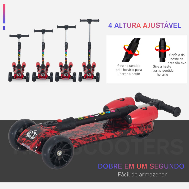 trotinete dobrável para crianças acima de 3 anos com altura ajustável em 4 níveis luzes musica e Nevoeiro de água 61x26x63-81 cm Vermelho