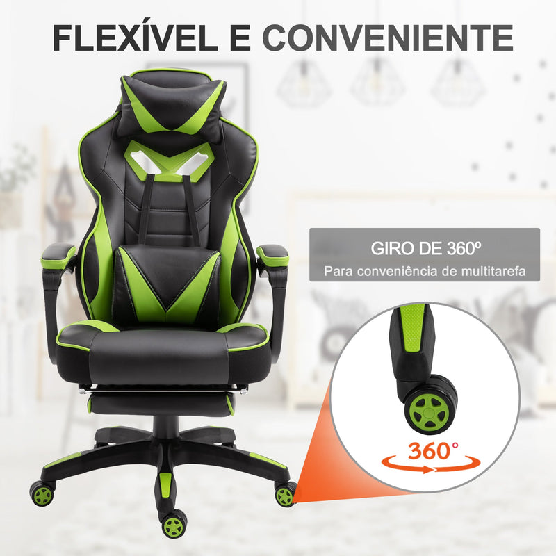 Cadeira de escritorio gaming ergonômica Altura Ajustável reclinável com apoio para pés Verde e Preto