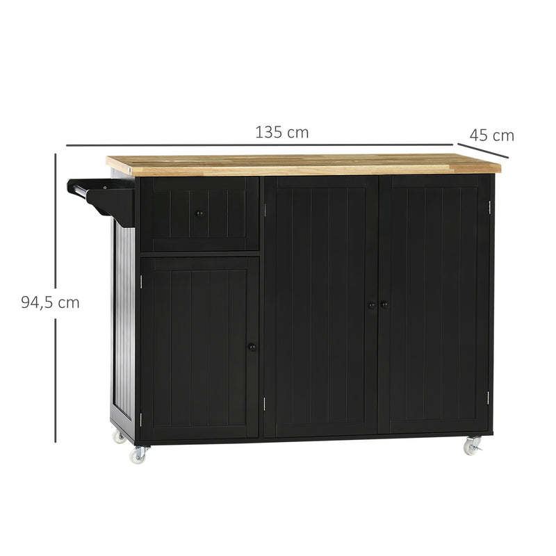 Ilha de Cozinha com Rodas Carrinho de Cozinha com Gaveta 3 Portas Prateleira Ajustável e Suporte para Panos Móvel Auxiliar de Cozinha 135x45x94,5cm Preto e Madeira