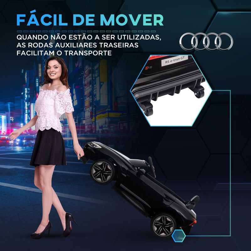 Carro Elétrico AUDI RS E-Tron GT para Crianças de 3-6 Anos Carro de Bateria 12V com 2 Motores Controlo Remoto Faróis LED Buzina Música USB e Abertura de Porta 3-5km/h 103x58x41cm Preto