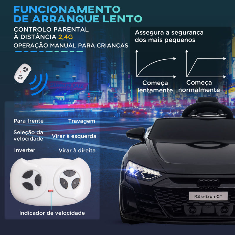 Carro Elétrico AUDI RS E-Tron GT para Crianças de 3-6 Anos Carro de Bateria 12V com 2 Motores Controlo Remoto Faróis LED Buzina Música USB e Abertura de Porta 3-5km/h 103x58x41cm Preto