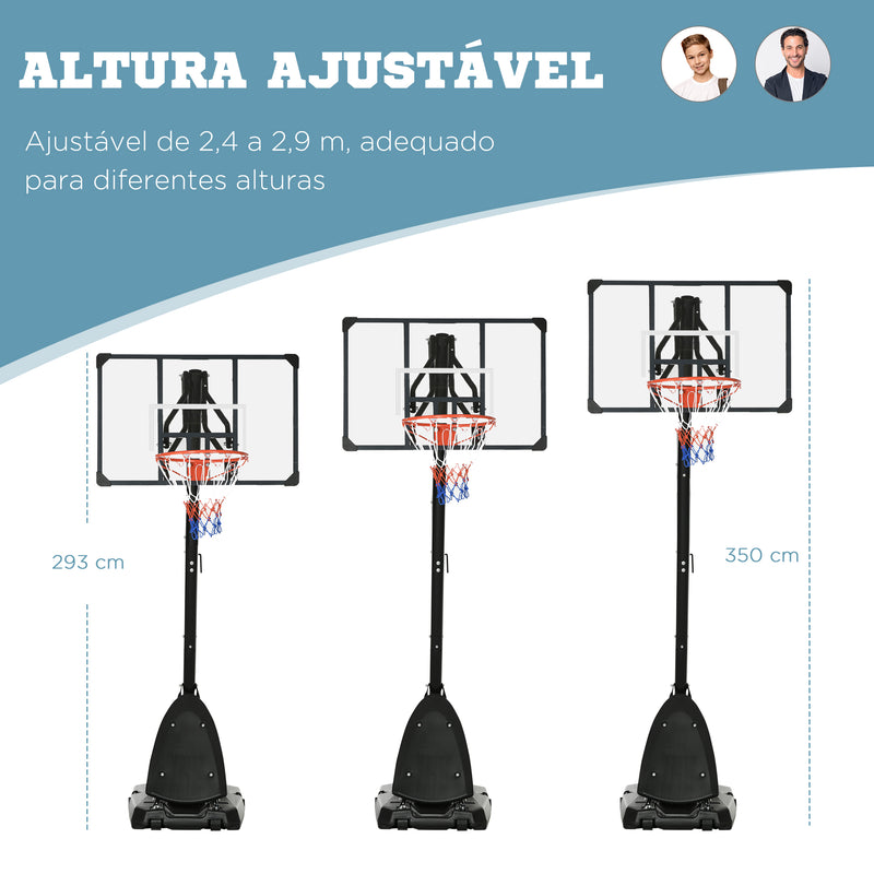 Tabela de Basquetebol com Altura Ajustável 293-350 cm Tabela de Basquetebol com Rodas Base Preenchida com Água ou Areia para Exterior 111x70,5x293-350 cm Preto