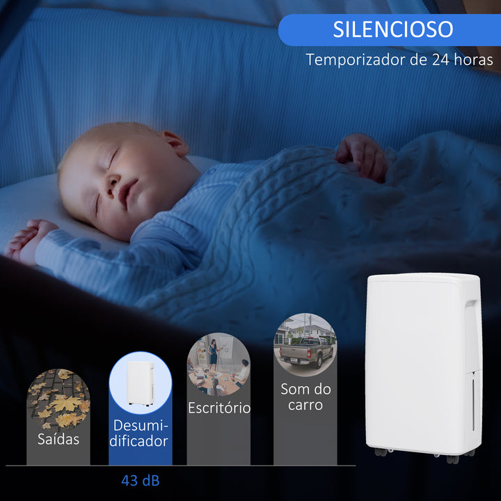 Desumidificador Elétrico 12L/Dia com 4 Modos 2 Velocidades Desligamento Automático Ecrã LED Temporizador Silencioso para Dormitório Sala de Estar Cozinha 29x18x49 cm Branco