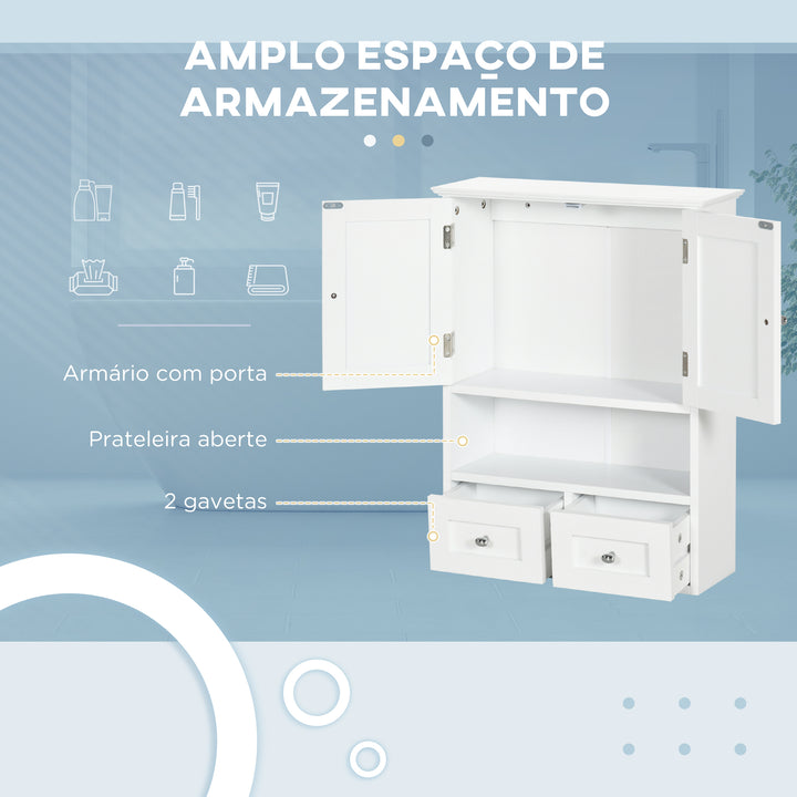 Armário de Parede para Casa de Banho Armário Suspenso de Casa de Banho com 2 Portas Prateleira Aberta e 2 Gavetas Estilo Moderno 50,8x17,8x66 cm Branco