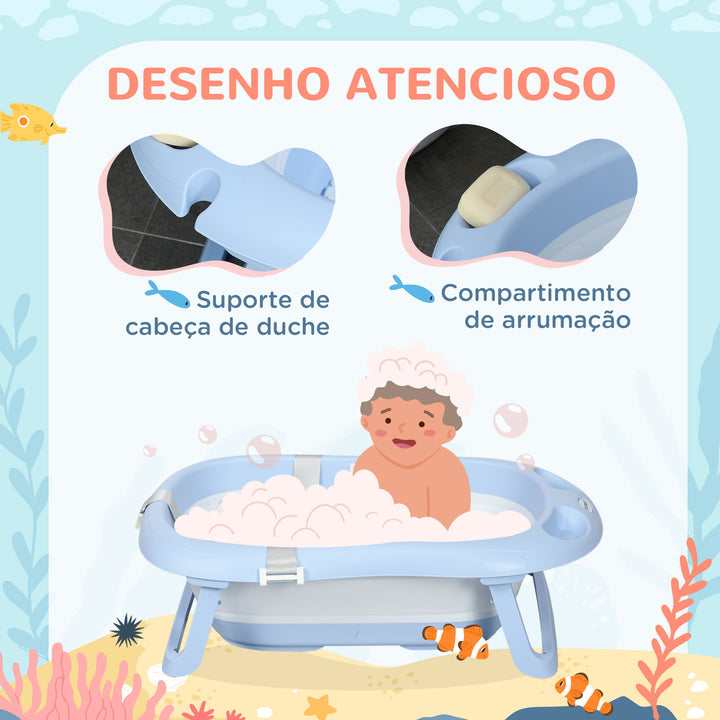 Banheira para Bebé Recém Nascido Dobrável 40L com Almofada Pés Antiderrapantes Orifício de Drenagem e Suporte para Duche 83x48x23,5 cm Azul