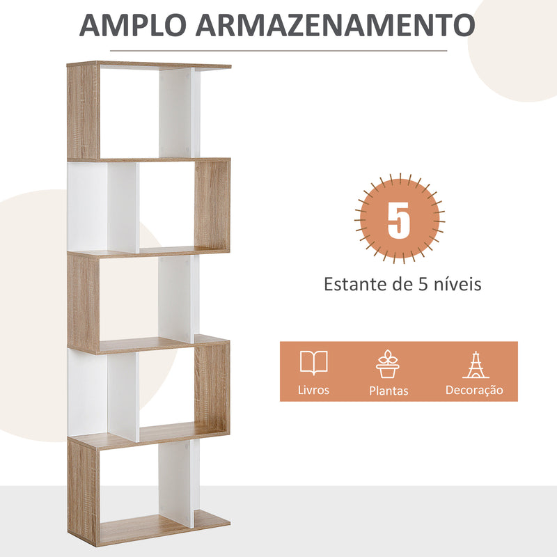 Estante para Livros Estante Alta de Parede com 5 Níveis em Forma de S Desenho Moderno para Sala de Estar Escritório 60x24x184,5cm Branco e Madeira