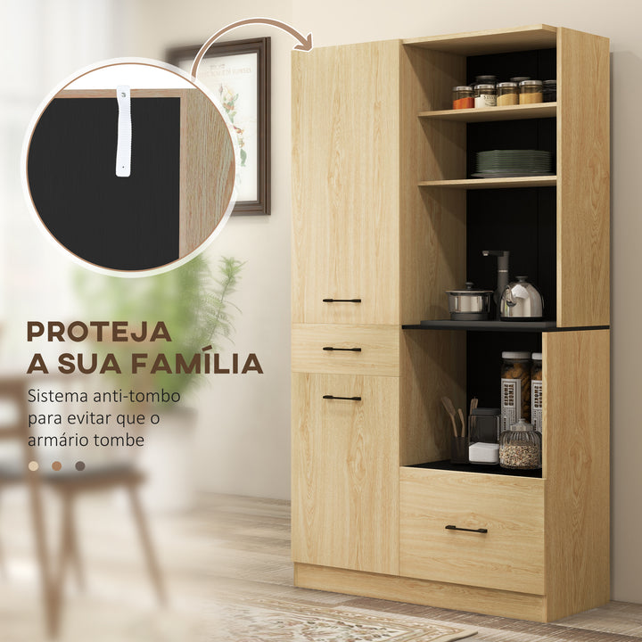 Armário de Cozinha Moderno Armário de Cozinha com 2 Gavetas 2 Armários e 4 Prateleiras Abertas Móvel Auxiliar de Cozinha 90x40x170 cm Madeira e Preto