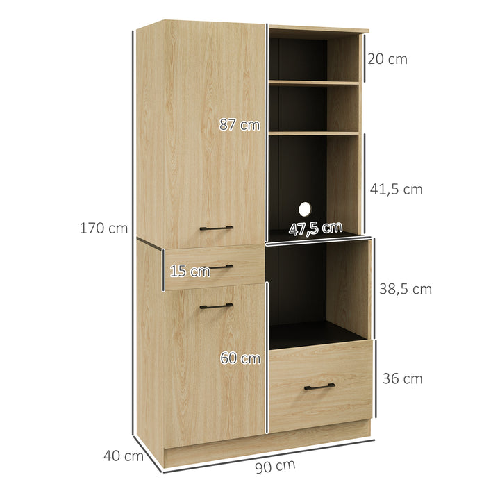 Armário de Cozinha Moderno Armário de Cozinha com 2 Gavetas 2 Armários e 4 Prateleiras Abertas Móvel Auxiliar de Cozinha 90x40x170 cm Madeira e Preto